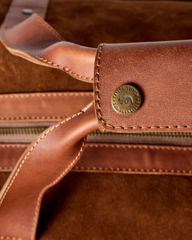 material shot of the leather handles with snap closure on The Weekender Duffle in Chocolate Roughout, Accessories by Taylor Stitch