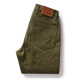folded flatlay of the back of The Democratic Jean in Olive Nihon Menpu Selvage