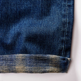 material shot of the brushed interior lining on The Democratic Brushed Back Jean in Collins Resin Wash Selvage Denim