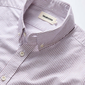 material shot of the collar on The Jack in Burgundy University Stripe Oxford