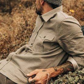 fit model in The Saddler Shirt in Smoked Olive Twill