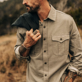fit model showing the front of The Saddler Shirt in Smoked Olive Twill