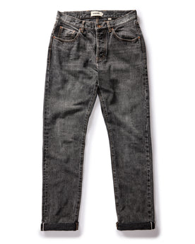 flatlay of The Democratic Jean in Black 1-Year Wash Selvage Denim, in full, Bottoms by Taylor Stitch