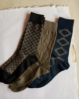 The Crew Sock in Coal Jacquard, Navy Kilim and Raindrop Camo, Accessories by Taylor Stitch