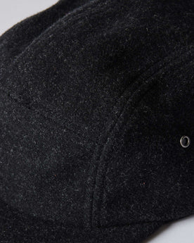 editorial close up of the fabric on The 5-Panel Cap in Heather Coal Wool Blend, Accessories by Taylor Stitch