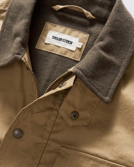 material shot of the collar on The Deck Jacket in Khaki Dry Wax, Outerwear by Taylor Stitch