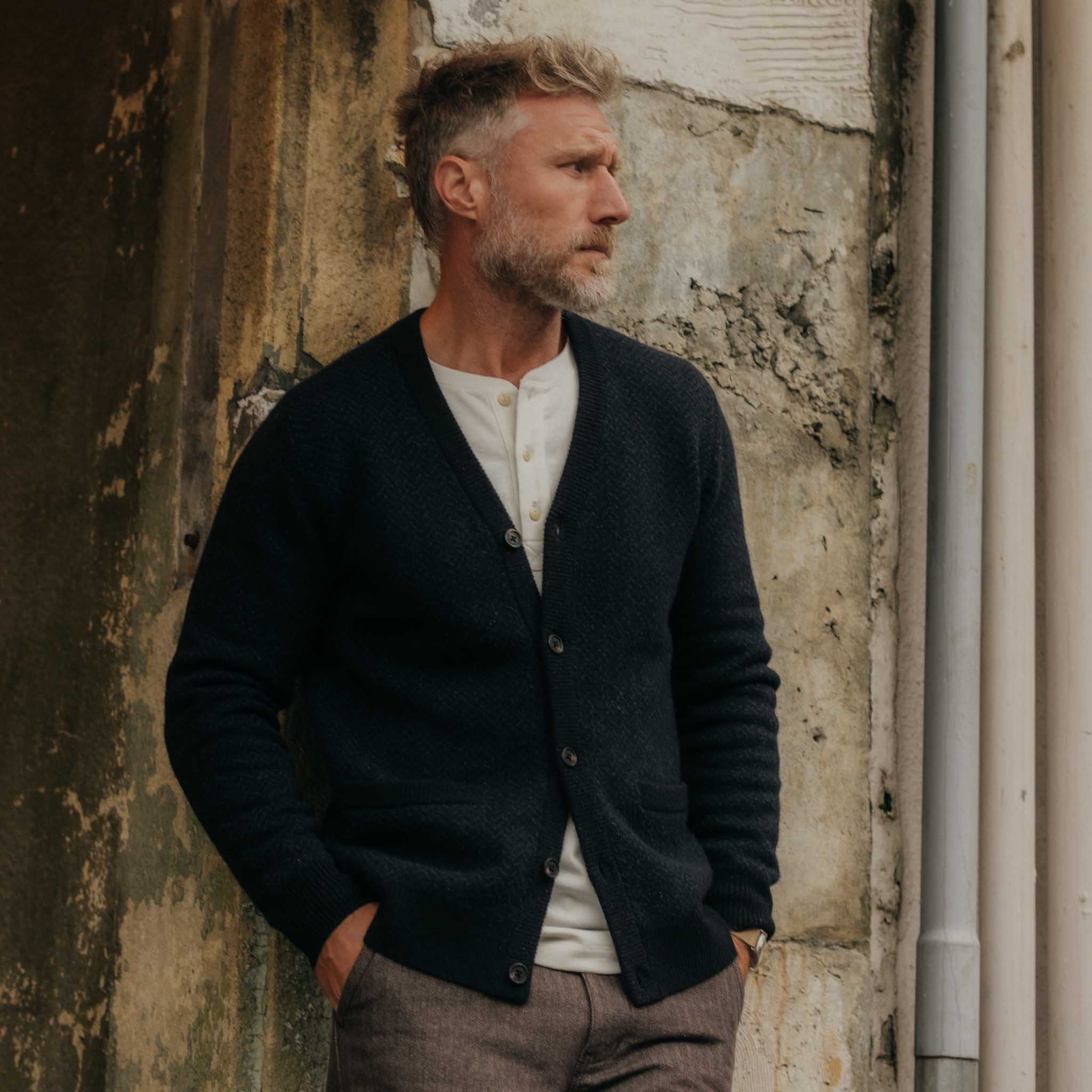 The Eddy Cardigan in Heather Marine Herringbone | Taylor Stitch