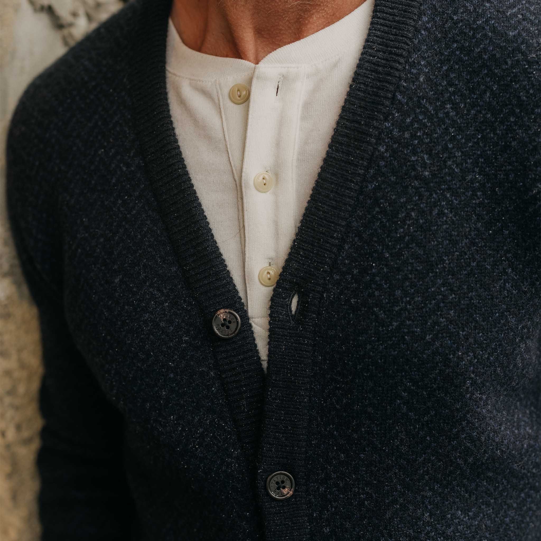 The Eddy Cardigan in Heather Marine Herringbone | Taylor Stitch