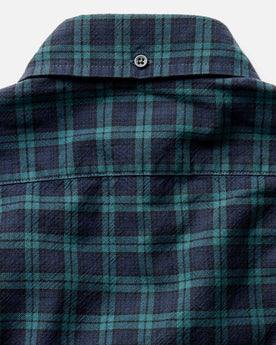 material shot of the back button on the collar on The Jack in Blackwatch Plaid, Wovens by Taylor Stitch