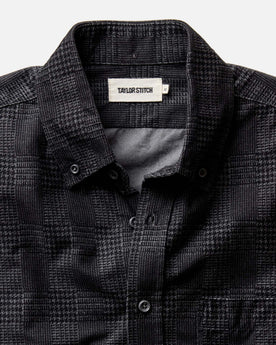 material shot of the collar on The Jack in Heather Coal Check Pincord, Wovens by Taylor Stitch