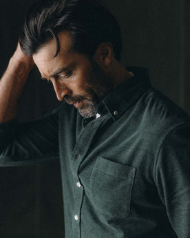 fit model showing off The Jack in Heather Pine Pincord, Wovens by Taylor Stitch