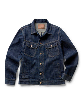 flatlay of The Long Haul Jacket in Rinsed Organic Selvedge, Outerwear by Taylor Stitch