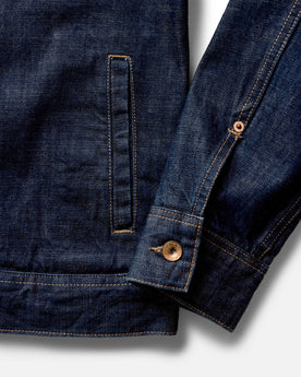 material shot of the collar on The Long Haul Jacket in Rinsed Organic Selvedge, Outerwear by Taylor Stitch