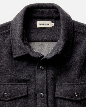 material shot of the collar on The Maritime Shirt Jacket in Heather Charcoal Wool, Outerwear by Taylor Stitch