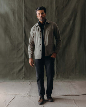 fit model posing in The Ojai Jacket in Organic Smoked Olive Foundation Twill, Outerwear by Taylor Stitch