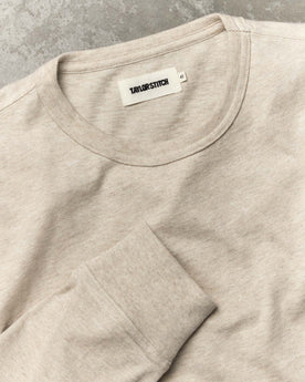 material shot of the collar on The Organic Cotton Long Sleeve Tee in Heather Oat, Knits by Taylor Stitch