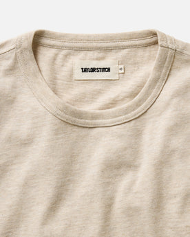 material shot of the collar on The Organic Cotton Long Sleeve Tee in Heather Oat, Knits by Taylor Stitch