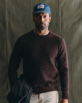 fit model posing in The Eastmoor Sweater in Heather Port Wool, Knits by Taylor Stitch