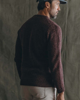 fit model showing off The Eastmoor Sweater in Heather Port Wool, Knits by Taylor Stitch