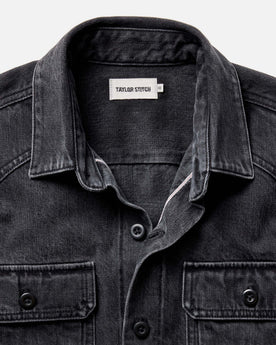material shot of the collar on The Shop Shirt in Washed Black Organic Slub Selvedge, Wovens by Taylor Stitch