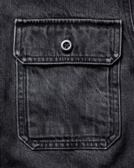 material shot of the pocket on The Shop Shirt in Washed Black Organic Slub Selvedge, Wovens by Taylor Stitch