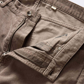 material shot of the zipper fly on The Slim All Day Pant in Morel Cord