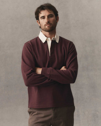 fit model with his arms crossed wearing The Rugby Shirt in Burgundy