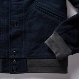 material shot of the ribbed cuffs and hems on The Bomber Jacket in Dark Navy Moleskin