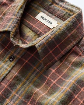 material shot of the collar on The California in Tarnished Brass Plaid, Wovens by Taylor Stitch
