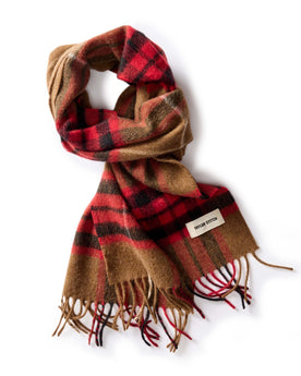 flatlay of The Fireside Scarf in Camel Tartan Merino, Accessories by Taylor Stitch