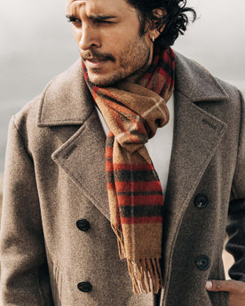 fit model in The Fireside Scarf in Camel Tartan Merino , Accessories by Taylor Stitch