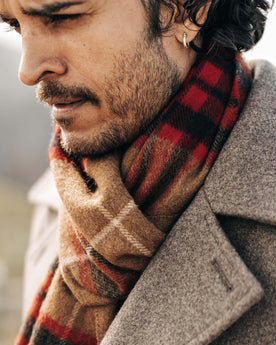 fit model wearing The Fireside Scarf in Camel Tartan Merino, Accessories by Taylor Stitch