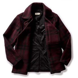 flatlay of The Mariner Coat in Port Plaid Wool, shown open