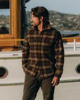 fit model in The Maritime Shirt Jacket in Burgundy Plaid, Wovens by Taylor Stitch