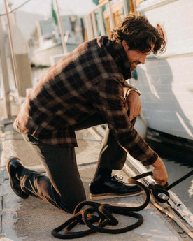 fit model showing the front of The Maritime Shirt Jacket in Burgundy Plaid, Wovens by Taylor Stitch