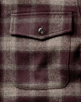 material shot of the front chest pockets on The Maritime Shirt Jacket in Burgundy Plaid, Wovens by Taylor Stitch