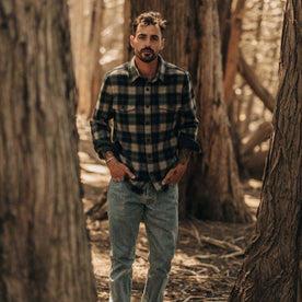fit model in The Maritime Shirt Jacket in Dried Pine Plaid