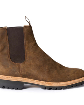 flatlay of The Ranch Boot in Golden Brown Waxed Suede, Footwear by Taylor Stitch