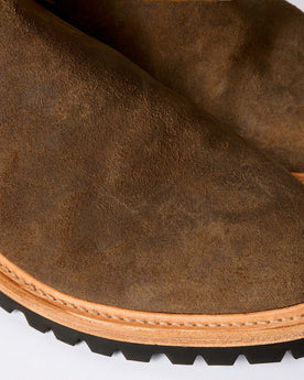 material shot of the upper and midsole of The Ranch Boot in Golden Brown Waxed Suede, Footwear by Taylor Stitch