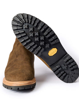 material shot of the Vibram lug sole on The Ranch Boot in Golden Brown Waxed Suede, Footwear by Taylor Stitch