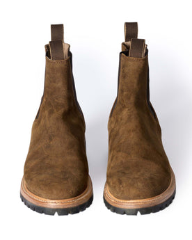 material shot of the front of The Ranch Boot in Golden Brown Waxed Suede, Footwear by Taylor Stitch