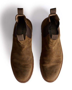 material shot of the top of The Ranch Boot in Golden Brown Waxed Suede, Footwear by Taylor Stitch