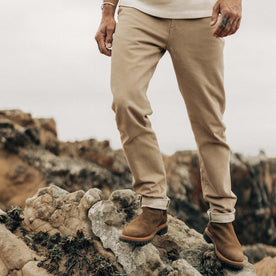 fit model showing the front of The Slim All Day Pant in Light Khaki Broken Twill