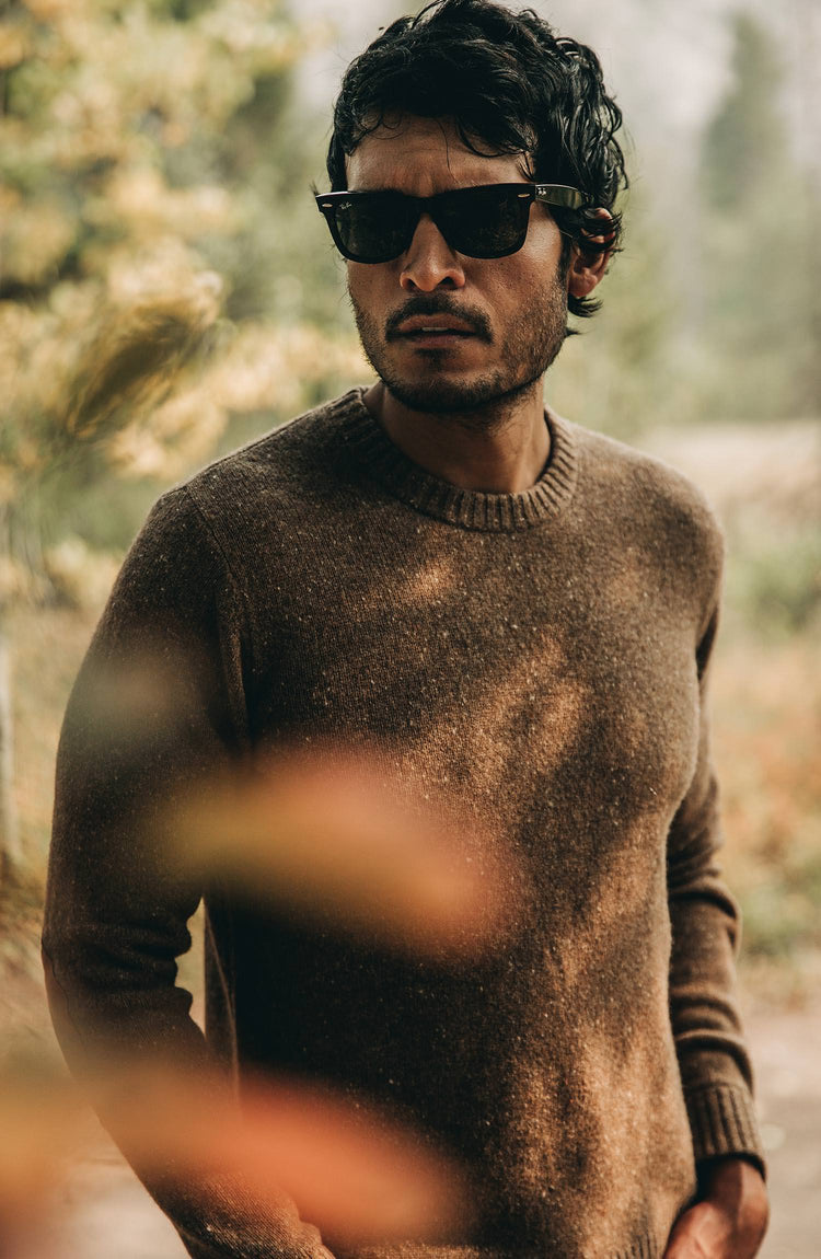 The Hardtack Sweater in Oak Donegal — Diptych of model and close up shots