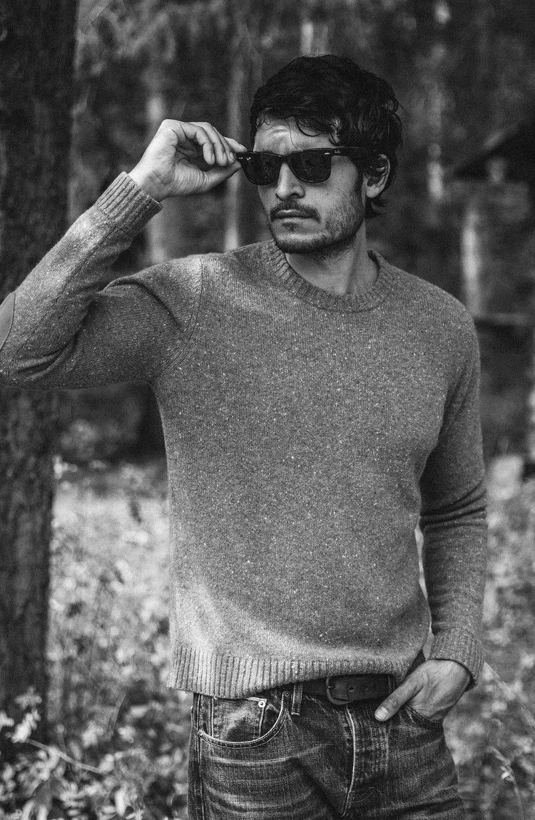 The Hardtack Sweater in Oak Donegal — Horses in front of the forest