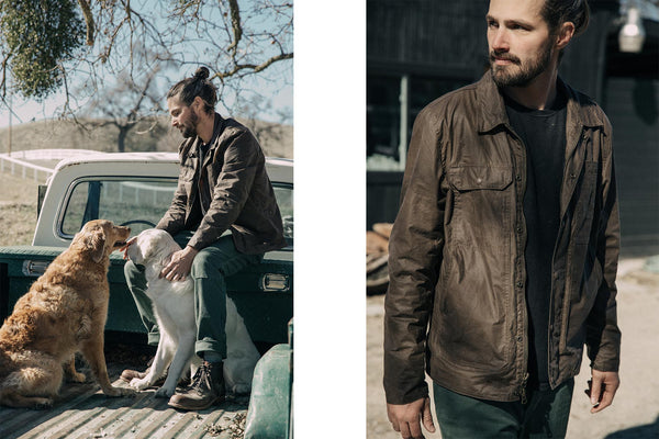 two images of kyle wearing the longshore at his place