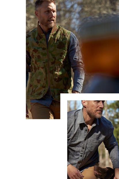 photo of chad wearing the able vest, walking. Lower image of Chad wearing the mechanic shirt posing with his dog