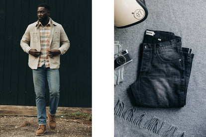 On the left, a model in our sawyer wash jeans, and on the right, a flatlay of our black 3-month wash jeans