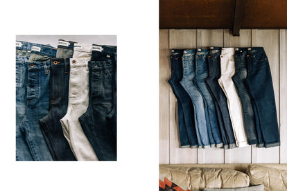 On the left, close up of our rinsed organic selvage jean. On the right, lineup of our jeans