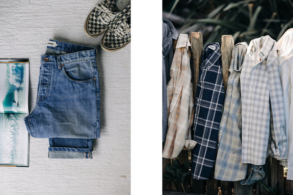 On the left, a pair of our sawyer wash jeans, and on the right, a grouping of our button down shirts